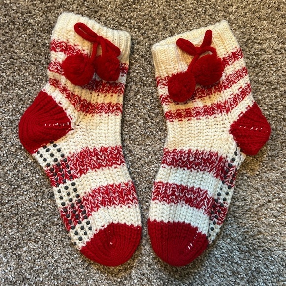 aerie Accessories - Brand, new red and white pom-pom candy, cane, crochet socks